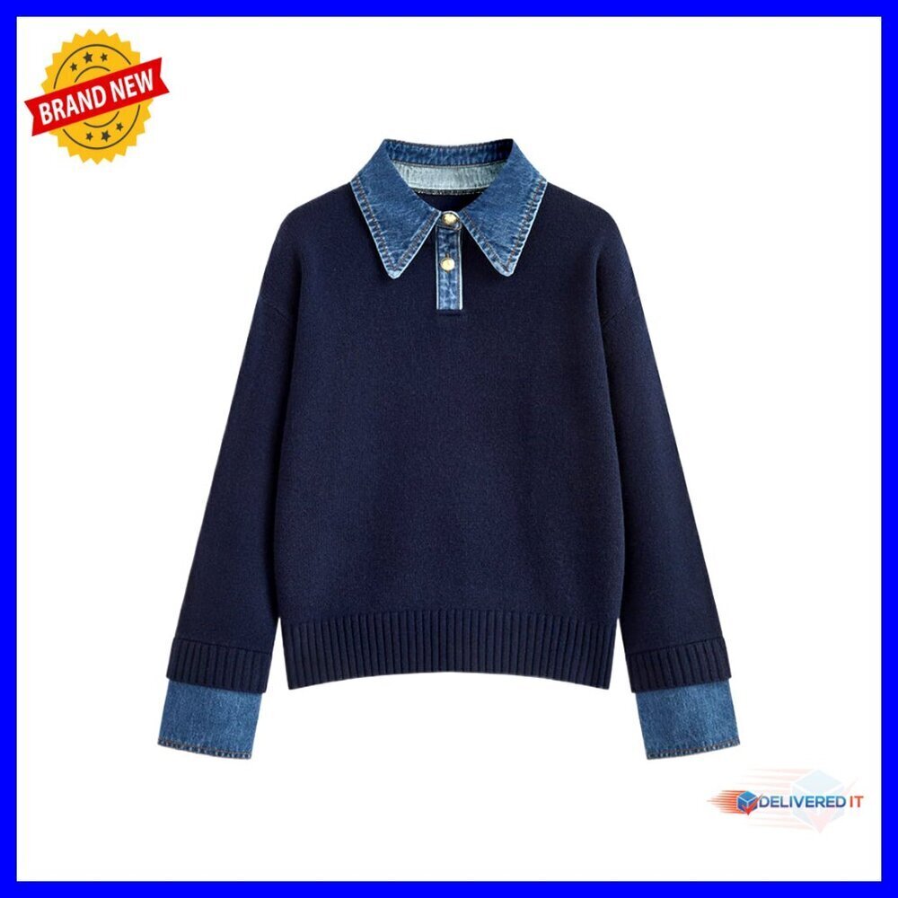 Oversized Knit Sweater with Denim Polo Collar Chic Minimal Y2K Pullover Top